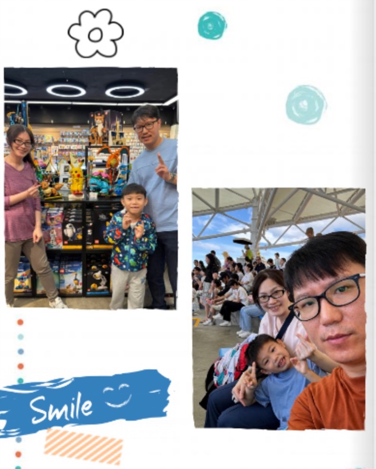 幼兒園畢業紀念冊入冊示意：同一張家庭照排版後，因圖框約10%邊緣裁切，右側與下方人物遭切到